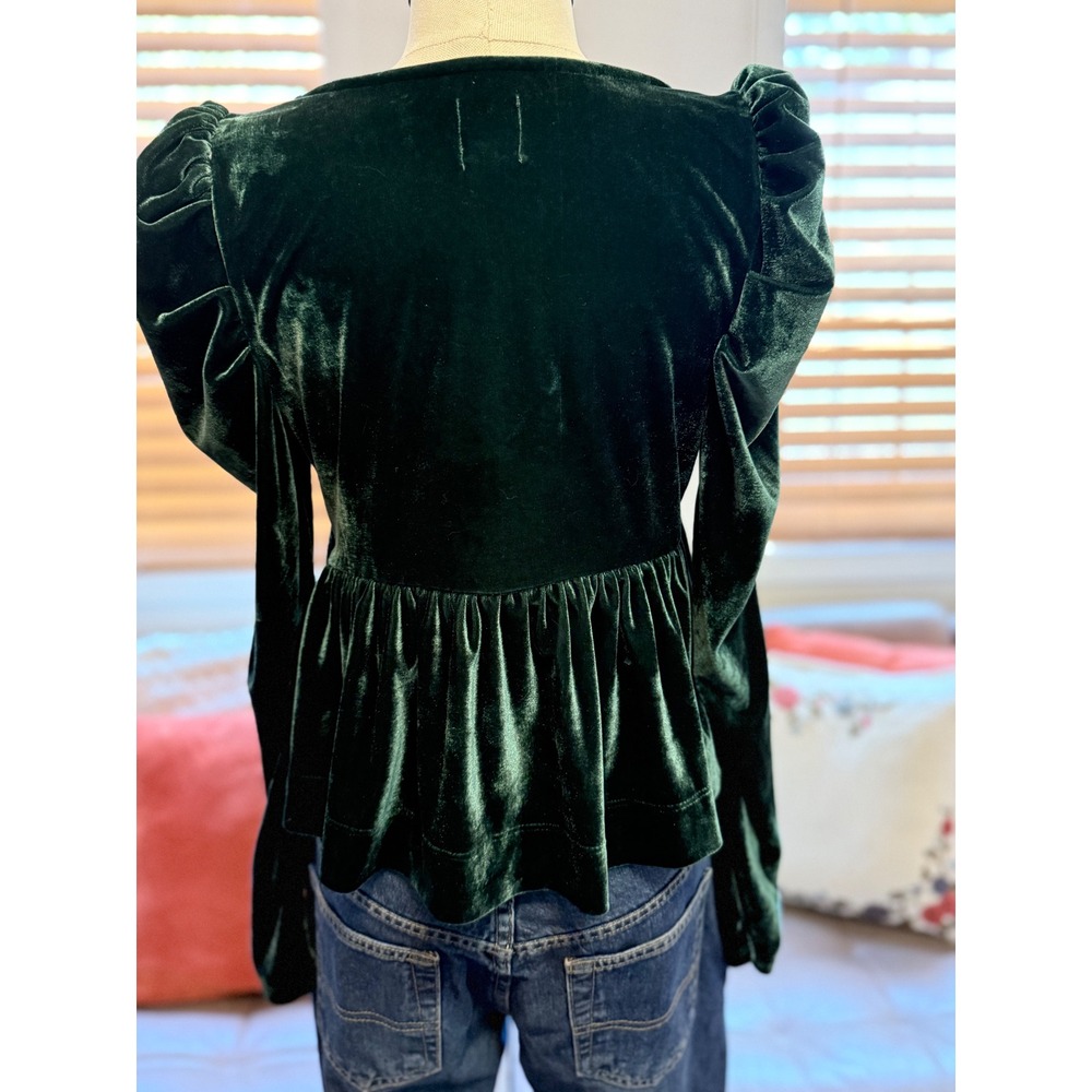 Maeve Anthropologie Green Velvet Puff Sleeve Tie Front Peplum Top Small - Picture 3 of 4